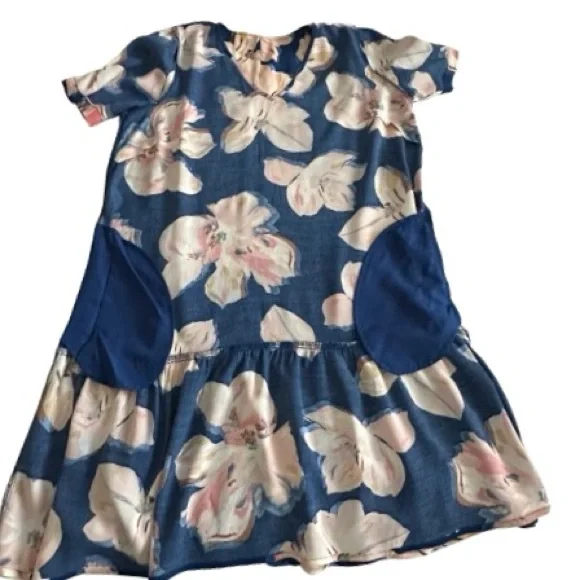 a new day Women M/L Blue Pink Floral Print Short Sleeve Above Knee Relaxed Dress - Picture 7 of 13